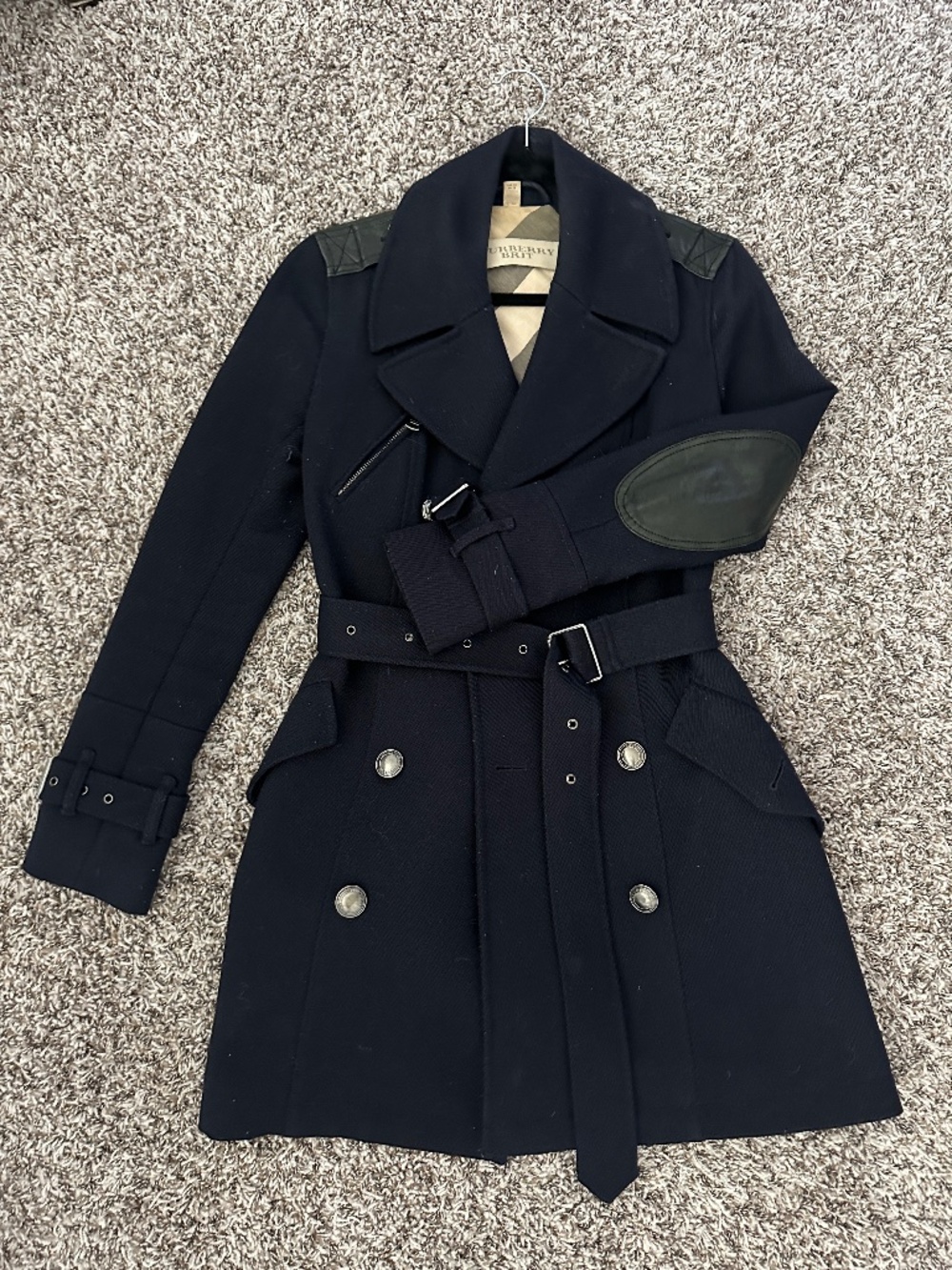 Authentic Burberry Brit Navy Blue Wool & Leather Trench Coat Sz US4 / XS - Picture 2 of 10